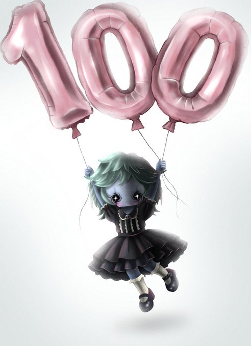 A chibi-style doll with green hair and a black gothic dress floats while holding pink balloon letters spelling "100," matching the post celebrating 100 ETH in trading volume and expressing gratitude to the community ("family").