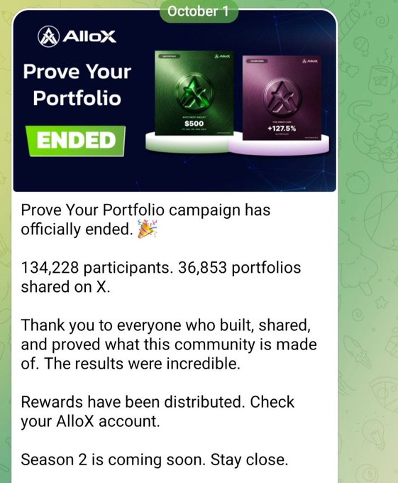 An AlloX 'Prove Your Portfolio' campaign ended notification dated October 1, reporting 134,228 participants and 36,853 portfolios shared, with rewards distributed.