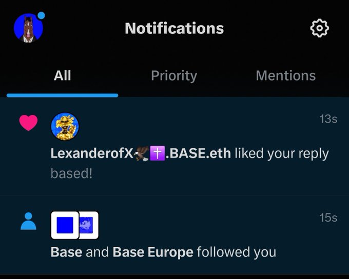 A dark-mode Twitter/X notifications screen showing recent activity: 'LexanderofX .BASE.eth liked your reply based!' (13s ago) and 'Base and Base Europe followed you' (15s ago).