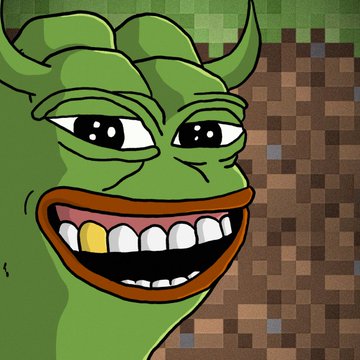 A cartoon image of a green, smiling frog-like creature with horns and a wide toothy grin, edited into a Minecraft block background.