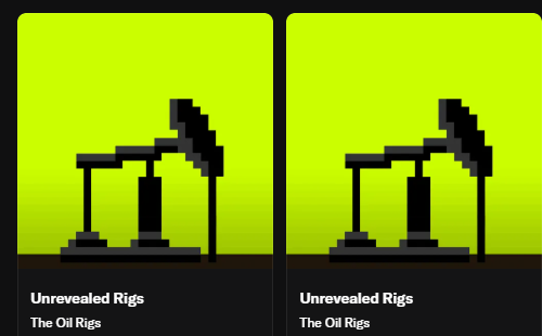 Two identical pixel-art images labeled 'Unrevealed Rigs' and 'The Oil Rigs' depicting black silhouettes of oil pump jacks on a yellow-green background.