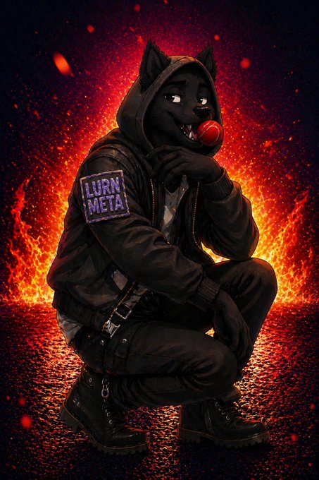 An anthropomorphic black wolf character in a hoodie with a "LURN META" patch crouches in a dramatic pose against a fiery red background.