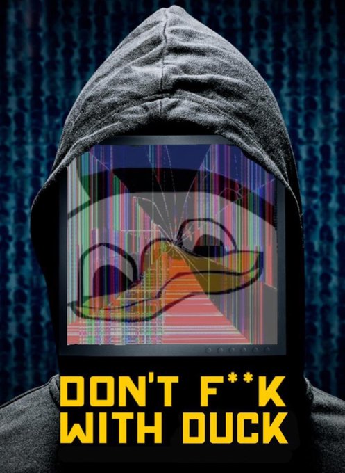 A hooded figure with a glitching monitor face displaying the Solana logo, with text reading "DON'T F**K WITH DUCK" against a digital background.