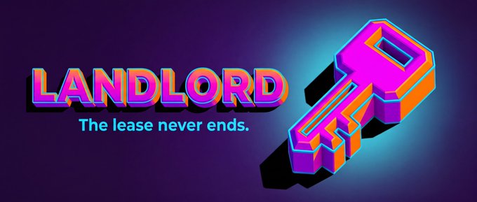 A colorful retro-style graphic displays the word 'LANDLORD' in vibrant purple and orange gradient text alongside a large pink key illustration, with the tagline 'The lease never ends.' below.