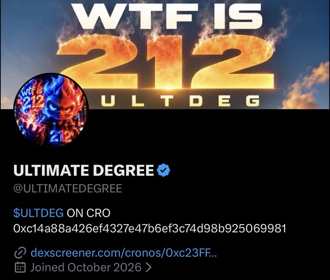 A Twitter/X profile for 'ULTIMATE DEGREE' (@ULTIMATEDEGREE) featuring a 'WTF IS 212' banner image, with the $ULTDEG token contract on CRO displayed.