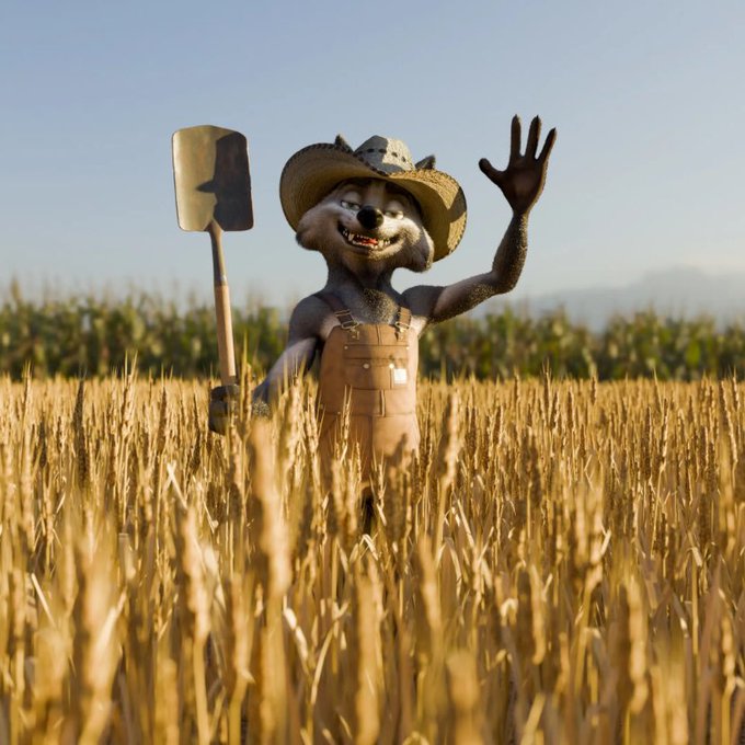 An anthropomorphic wolf character wearing overalls and a straw hat cheerfully waves from a golden wheat field while holding a shovel.

The image's friendly farmer wolf waving warmly complements the post's upbeat, community-focused message about supporting WolfSwap and enjoying a productive weekend together.