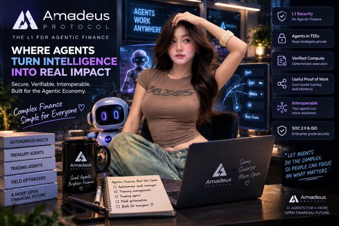 A promotional graphic for 'Amadeus Protocol' featuring an Asian woman working on a laptop alongside a small robot, with the tagline 'WHERE AGENTS TURN INTELLIGENCE INTO REAL IMPACT' and features including L1 Security for Agentic Finance, Agents in TEEs, and Verified Compute.