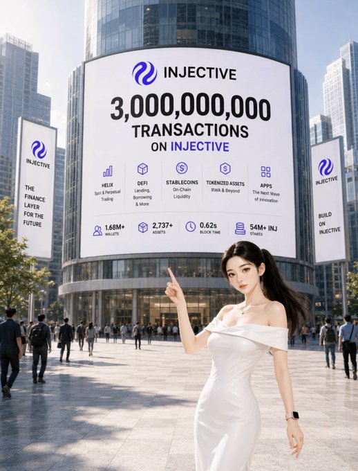 A promotional graphic showing a woman in a white dress pointing at a digital billboard displaying 'INJECTIVE 3,000,000,000 TRANSACTIONS ON INJECTIVE' with stats including HELIX, DEFI, STABLECOINS, TOKENIZED ASSETS, and APPS.