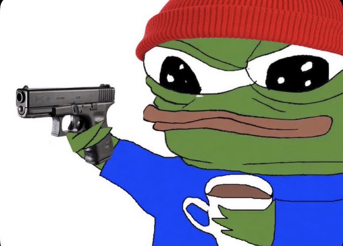 A cartoon Pepe the Frog wearing a red beanie and blue shirt holds a handgun and a coffee mug.