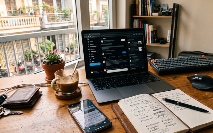 A laptop on a wooden desk by a window displays a chat application, accompanied by a coffee cup, a notebook with handwritten notes, a phone, a mouse, and a keyboard.
