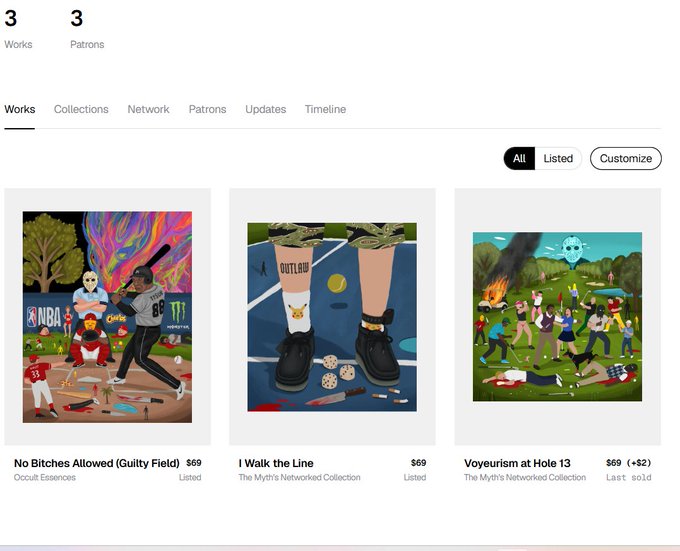 A webpage showing three NFT artworks titled 'No Bitches Allowed (Guilty Field)' by Occult Essences, 'I Walk the Line', and 'Voyeurism at Hole 13' from 'The Myth's Networked Collection', each listed at $69.