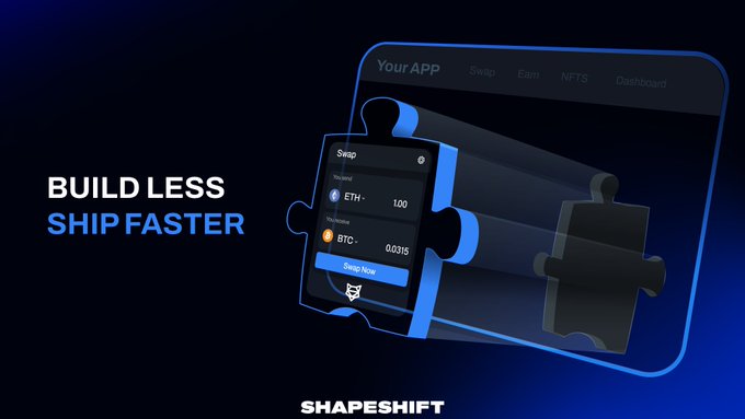 A blue-themed ShapeShift ad reads 'BUILD LESS SHIP FASTER' and previews a crypto swap app interface showing exchange rates for ETH and BTC.