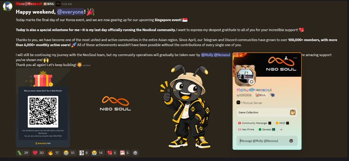 A Discord-style announcement post titled 'Happy weekend, @everyone!' from Neo@neosoul marking the final day of a Korean NeoSoul community event, featuring a QR code, NeoSoul logo, and a mascot character in a yellow jacket.