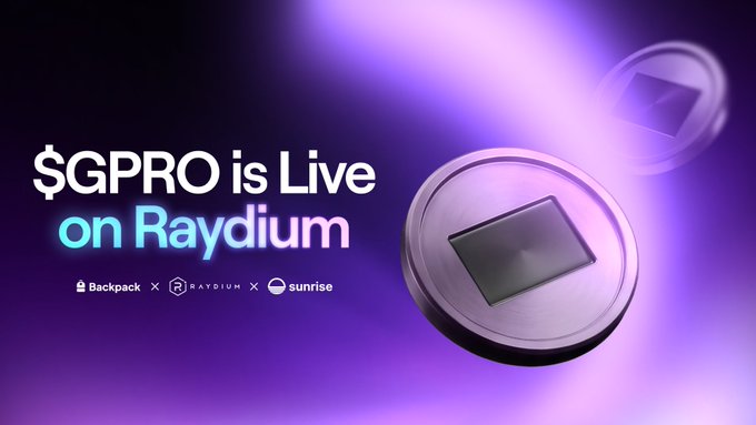 The promotional image displays "$GPRO is Live on Raydium" in bold white and cyan text against a purple gradient background, featuring a 3D rendered coin/token, with partner logos for Backpack, Raydium, and Sunrise shown at the bottom. The graphic directly visualizes the accompanying post's announcement of $GPRO's launch on the Raydium DEX, highlighting the token's strong early trading metrics.