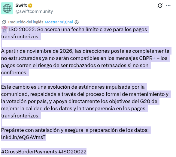 The image shows a screenshot of a message posted by Swift Community, discussing an issue related to cross border payments. The post appears to be shared with a colleague or friend for social networking purposes. It has been tagged as #CrossBorderPayments.