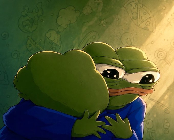 A digital illustration of a sad green frog character hugging its knees in a dimly lit room with green walls.
