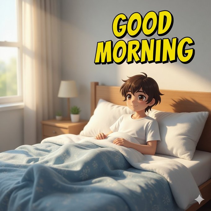 An anime-style illustration shows a young boy with brown hair waking up in bed under a blue blanket with 'GOOD MORNING' written in bold yellow text above him.