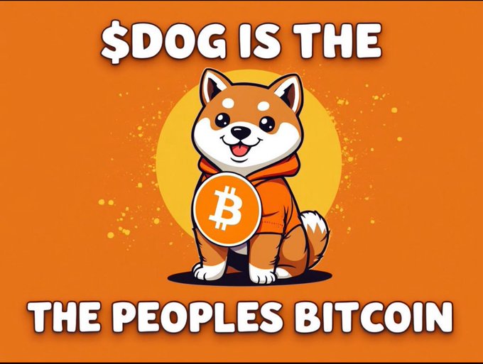 A cartoon Shiba Inu dog wearing an orange hoodie and a Bitcoin medallion on an orange background, with text reading '$DOG IS THE THE PEOPLES BITCOIN'.