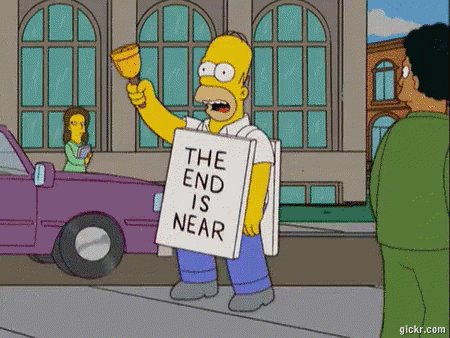The image features a man standing next to a purple car, holding up a sign that reads "The end is near". The man appears to be waving at someone who is walking by. In the background, there are two other people present - one person on the left side and another person on the right side of the scene.