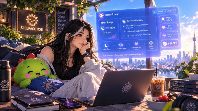 An anime-style illustration shows a girl at a laptop with a floating 'SLEEPGOTCHI' sleep-tracking interface, alongside a green plush toy and a city skyline.