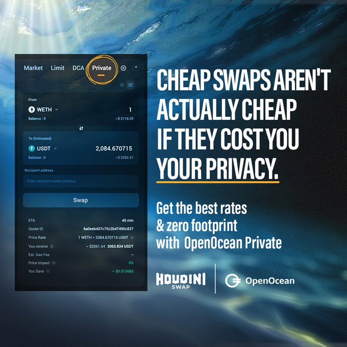An advertisement stating 'Cheap swaps aren't actually cheap if they cost you your privacy,' promoting OpenOcean Private and Houdini Swap, showing a WETH to USDT exchange interface.