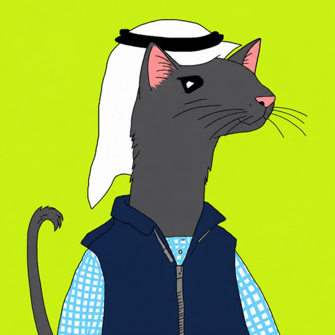 An illustrated cartoon cat with grey fur wears a white keffiyeh headdress with a black band, paired with a navy blue vest over a blue and white checkered shirt against a lime green background.
