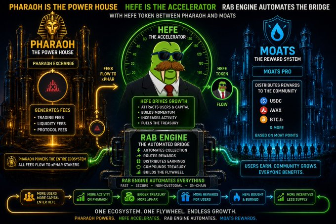 An infographic explains the HEFE token ecosystem, detailing the roles of PHARAOH (The Power House), HEFE (The Accelerator), RAB ENGINE (The Automated Bridge), and MOATS (The Reward System).