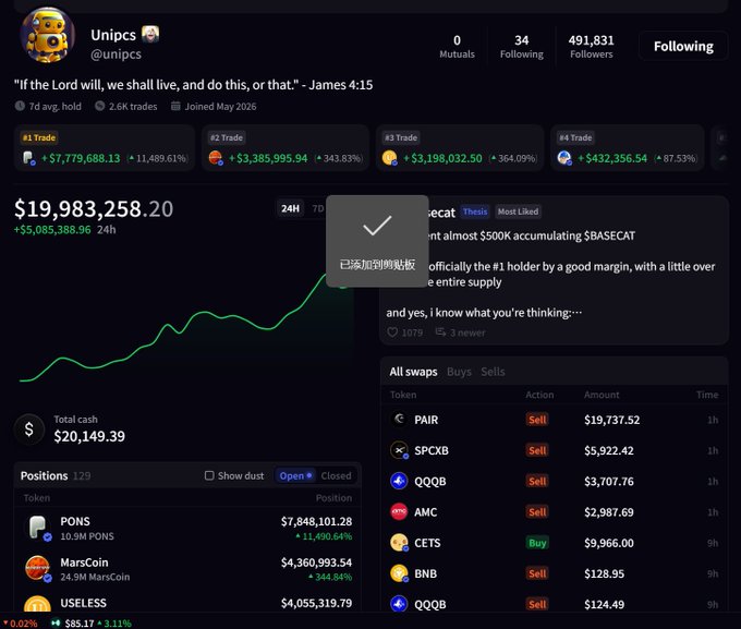 A screenshot of a crypto trading profile for 'Unipcs' (@unipcs) showing portfolio value of $19,983,258.20, various token positions, and trades with text '已添加到剪贴板' (Added to clipboard) and a quote from James 4:15.