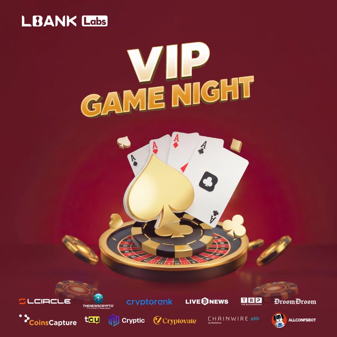 Promotional graphic for 'LBank Labs VIP Game Night' featuring a golden spade, four aces, poker chips, and a roulette wheel on a red background, with sponsor logos including LCircle, Cryptorank, LiveBitcoinNews, and Cryptic at the bottom.