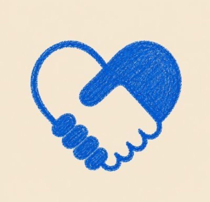 A hand-drawn blue crayon heart with a handshake at the bottom on a beige background, symbolizing unity or partnership.

The image of a heart combined with a handshake visually represents the post's theme of community bonding and partnership among holders of the coin, suggesting strong unity and collective support for the token's future.