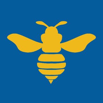 A stylized golden bee with outstretched wings is centered on a blue background, symbolizing productivity and growth. The bee imagery reinforces the post's message of Bitcoin mining accumulation, likening HIVE's 62% production growth to the industrious nature of bees gathering resources.