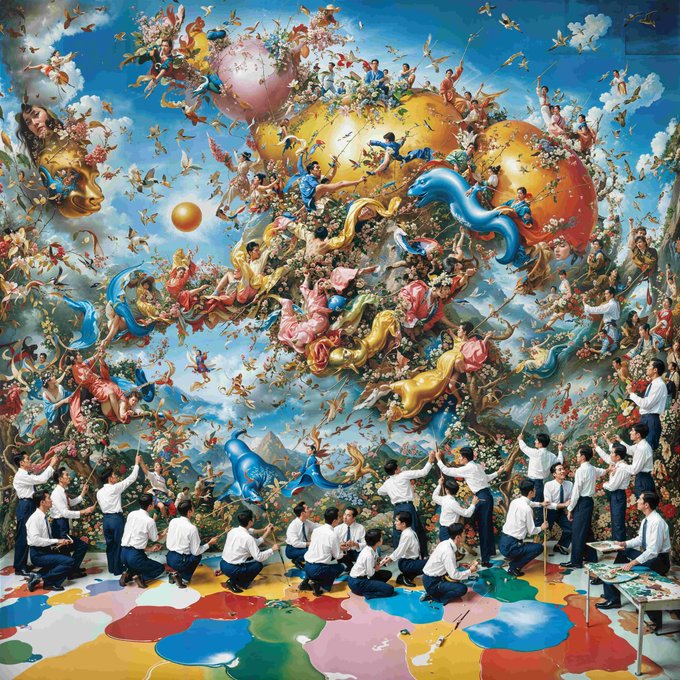 A surreal, ornate painting shows numerous people in white shirts painting an elaborate scene featuring figures, giant fruit, and a blue snake floating among clouds.