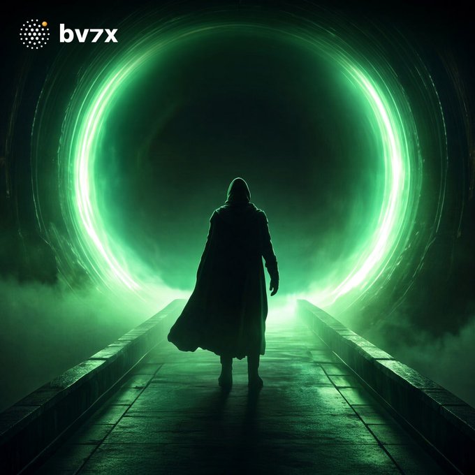 A hooded figure stands before a glowing green portal on a misty walkway, symbolizing the threshold into a new frontier—while the "bv7x" logo in the corner and the post's mention of 3,200+ attested predictions on Robinhood Chain highlight the network's growing, compounding intelligence as it crosses into a prediction economy rivaling Bittensor.