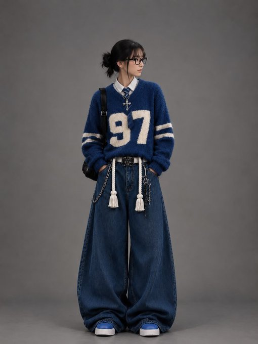 A fashion model wearing glasses, a blue varsity sweater with '97,' and oversized wide-leg denim jeans with decorative chains.