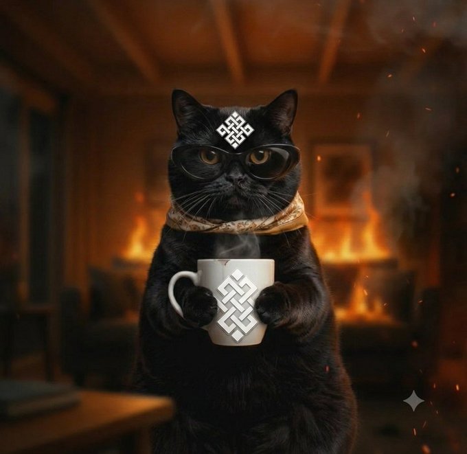 A black cat wearing glasses, a bandana, and a white symbol on its forehead holds a steaming white mug with a matching symbol, sitting in a dimly lit room with a fireplace.