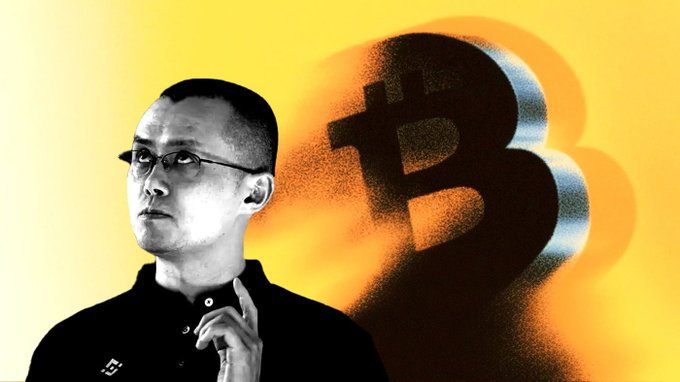 The image features a man wearing glasses, standing next to a large shadow of the letter "B". The background is yellow with an orange glow, giving the impression that the man's shadow is cast onto this warm-toned backdrop. The caption above the image reads "CZ ON BITCOIN! CZ has said that Bitcoin will not remain dead for long." This message seems to be related to the post about Bitcoin and its future.
