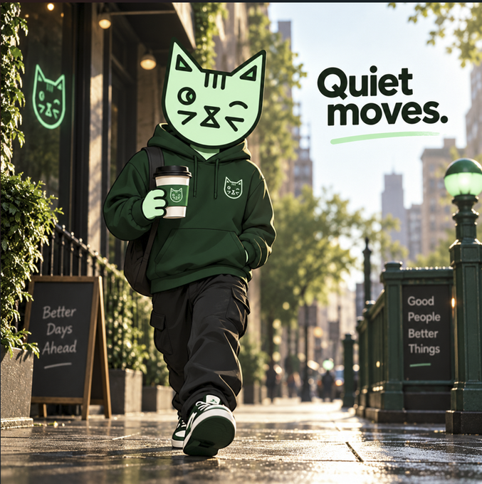 An illustrated character with a green cartoon cat head wearing a dark hoodie, walking down a city street holding a coffee cup, with the text 'Quiet moves.' displayed.