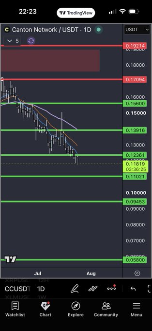 A TradingView chart shows Canton Network (CC) / USDT on the daily timeframe, with the price declining sharply from around $0.192 down to roughly $0.110, indicating a significant bearish trend. The accompanying "$CC" caption aligns with the chart, highlighting the token's recent downward price action.