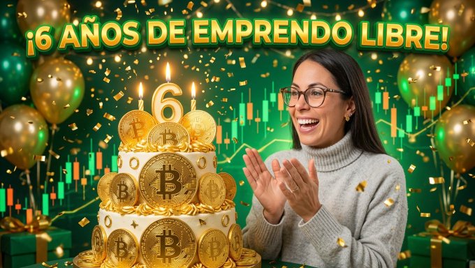 A promotional graphic reading '¡6 AÑOS DE EMPRENDIENDO LIBRE!' showing a woman celebrating next to a birthday cake decorated with Bitcoin coins, set against a green financial chart background.
