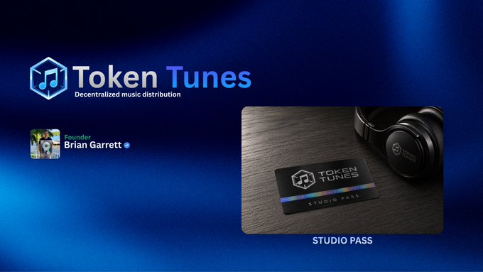 The image promotes Token Tunes, a "Decentralized music distribution" platform, highlighting founder Brian Garrett and showcasing a "Studio Pass" NFT card next to a pair of headphones, visually representing the project's focus on real-world music utility rather than just digital collectibles—aligning with the post's claim of building meaningful music NFTs with practical use cases for artists.