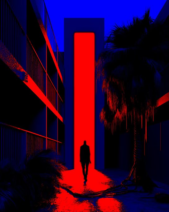 The image features a man walking down an alleyway with a tall building behind him. The building has a red light at its top, creating a striking contrast against the dark sky. The photo is taken from a low angle, making the man appear larger than life and emphasizing his solitary journey through the urban landscape.