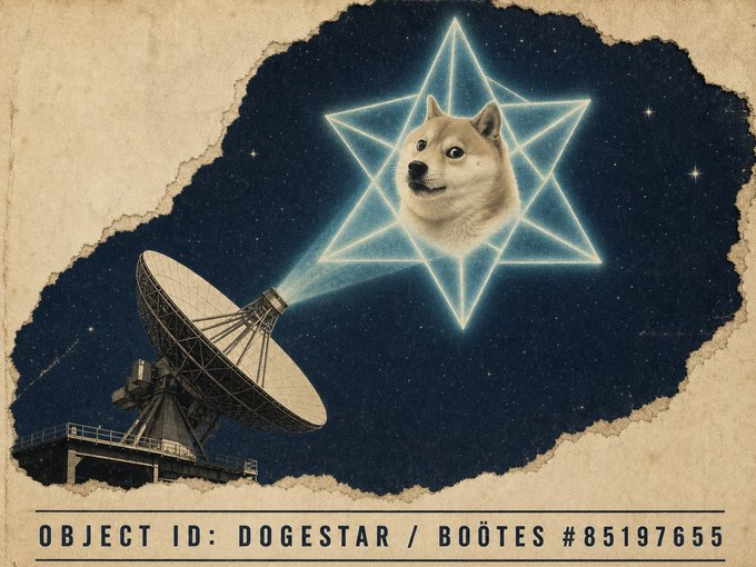 A vintage-style poster shows a satellite dish receiving a beam from a glowing Shiba Inu head superimposed on a geometric star in space, labeled "OBJECT ID: DOGESTAR / BOÖTES #8519765." The image matches the post's claim of receiving a signal from "Dogestar" in the Boötes constellation, with the dog symbolizing $SIRIUS in the cosmic broadcast.