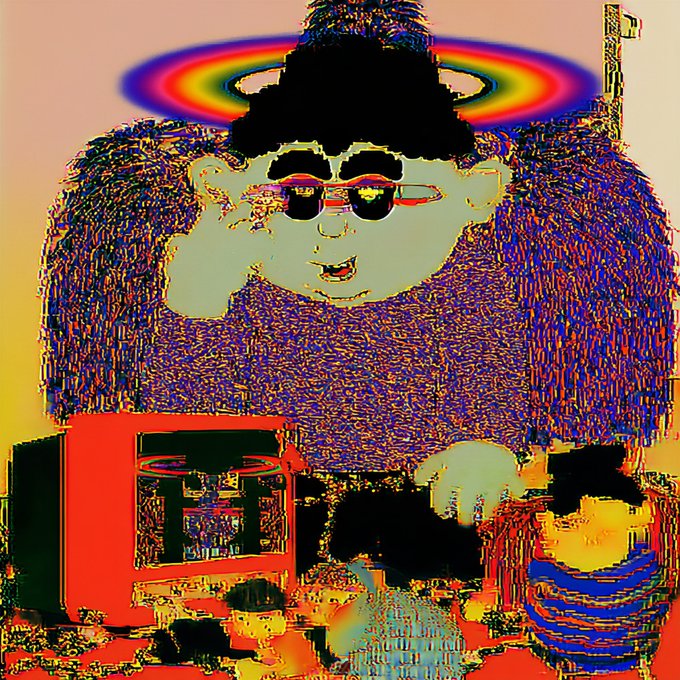 A heavily distorted, psychedelic-style digital image shows a figure with a green face, dark sunglasses, and a rainbow halo, set against a noisy purple and blue background with red elements at the bottom.