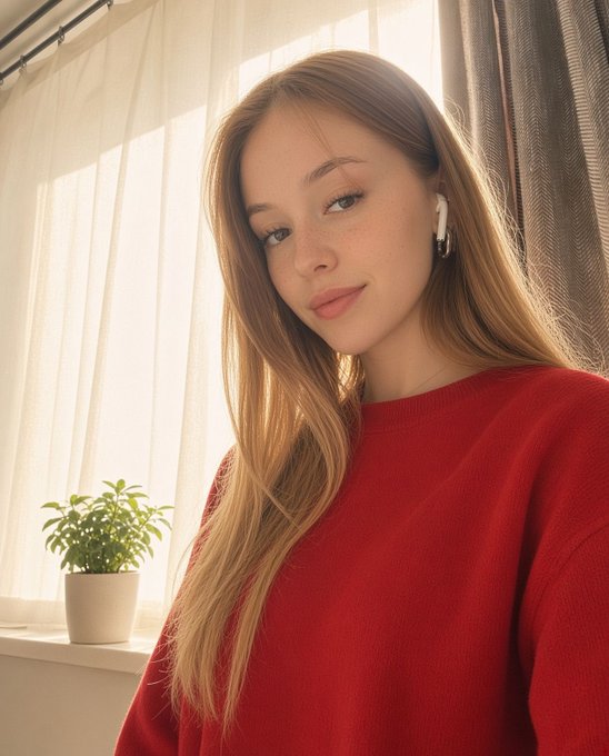 A young woman in a vibrant red sweater poses softly by a sunlit window, with a small green potted plant on the sill beside her and wireless earbuds in her ear. The warm golden light streaming through the sheer curtains echoes the caption's "quieter kind of gold," capturing a peaceful morning glow that complements her relaxed expression.
