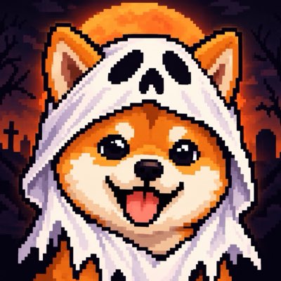 Pixel art style image of a smiling Shiba Inu dog wearing a white ghost/skeleton hood with a halo above it, set against a dark Halloween-themed background with crosses.