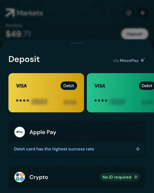 The screenshot displays a deposit screen on Markets showing multiple payment options via MoonPay, including two Visa Debit cards, Apple Pay, and Crypto (with "No ID required" badge). This directly supports the post's praise of Markets.xyz's headless onramp technology, highlighting how quickly and seamlessly users can convert fiat to crypto through various payment methods.