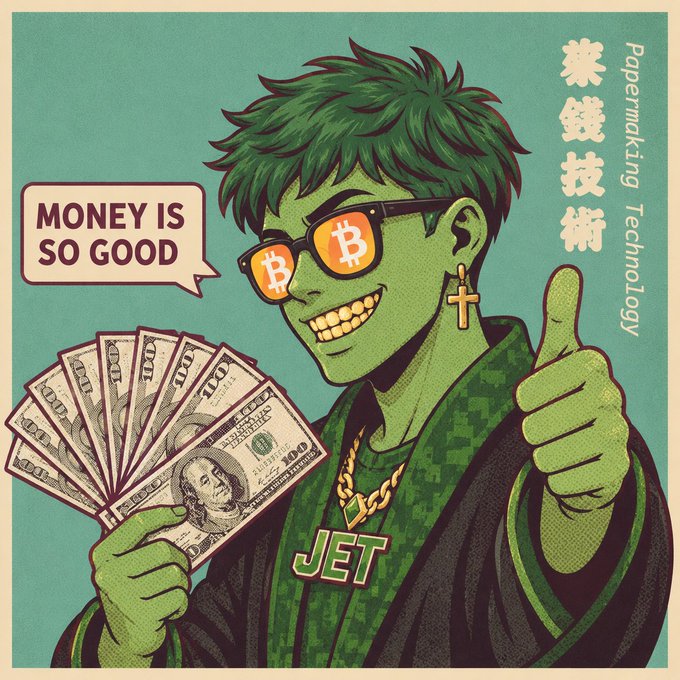 A stylized illustration depicts a green-skinned character with a gold tooth wearing Bitcoin-logo sunglasses and a shirt reading 'JET', holding a fan of $100 bills and saying 'MONEY IS SO GOOD', with Japanese characters and 'Papermaking Technology' visible.