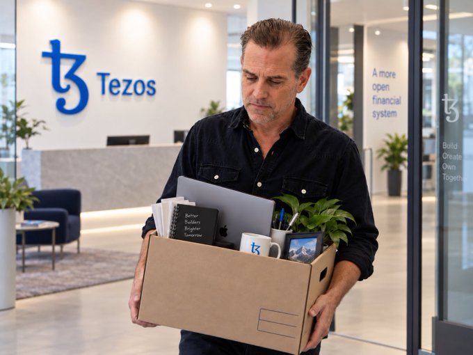 A middle-aged man in a dark shirt holding a cardboard box of personal belongings in an office lobby with a 'Tezos' logo and 'A more open financial system' on the wall.