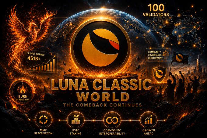 Promotional graphic for 'LUNA CLASSIC WORLD - THE COMEBACK CONTINUES' featuring the Luna Classic logo, highlighting '100 VALIDATORS', 'SUPPLY BURNED 451B+', 'BURN IN PROGRESS', 'COMMUNITY GOVERNANCE DEVELOPMENT', and four icons labeled 'MM2 REACTIVATION', 'USTC STAKING', 'COSMOS IBC INTEROPERABILITY', and 'GROWTH AHEAD'.