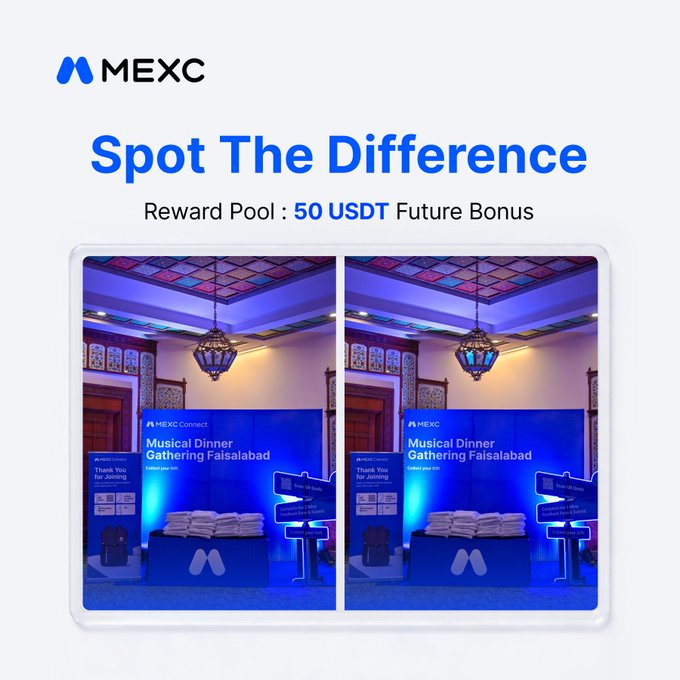 A MEXC "Spot The Difference" promotional image featuring two nearly identical photos of a "Musical Dinner Gathering Faisalabad" booth, advertising a 50 USDT Futures Bonus reward pool for participants who can identify the differences between the images.